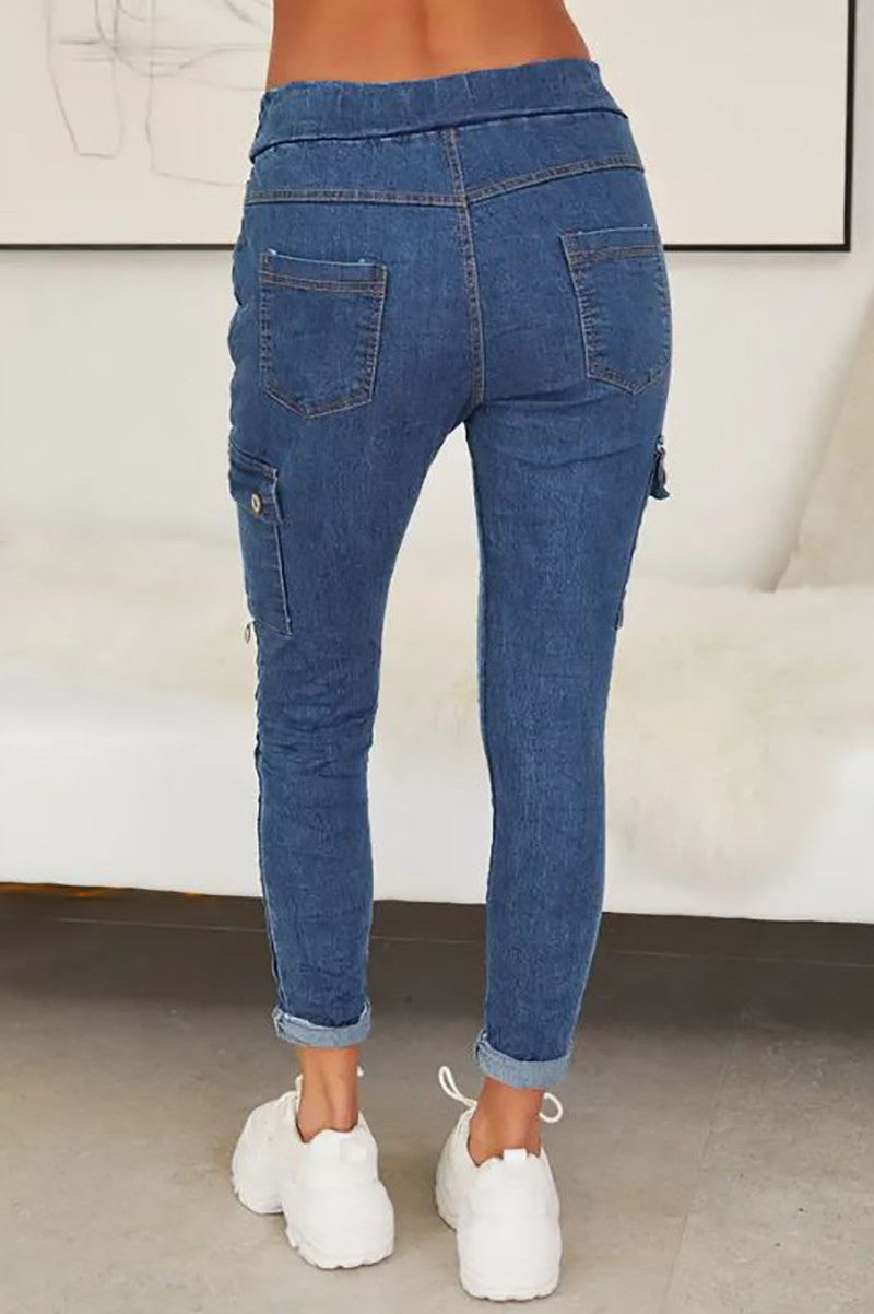 Washed denim cargo crinkle jogger in dark denim blue back view