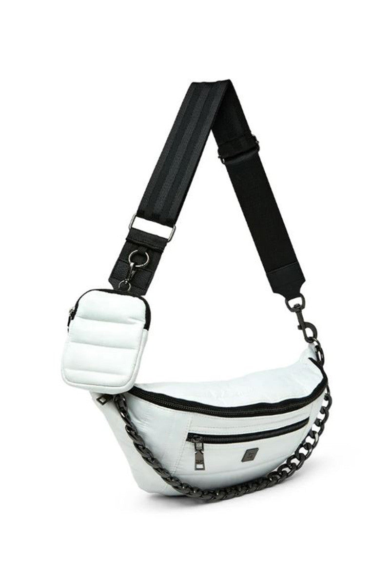 sister sling bag in shiny white front view