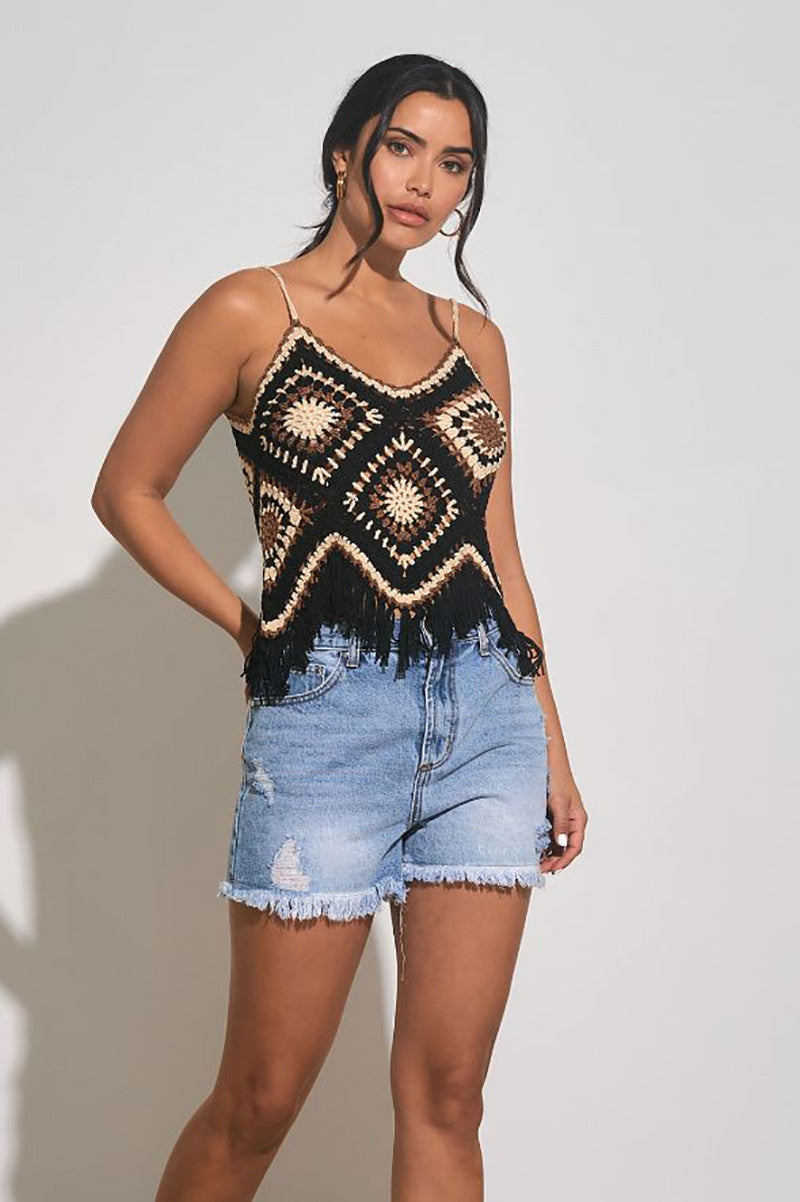 Fringe tank top in black front view