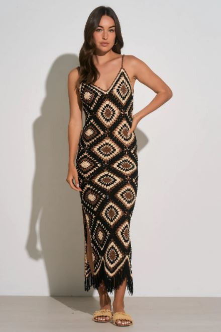 Crochet tank maxi dress in black front view