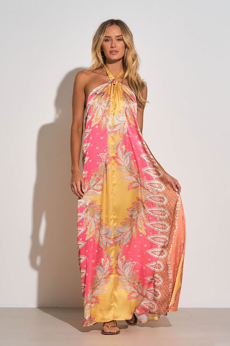 Halter maxi dress in pink bali print front view