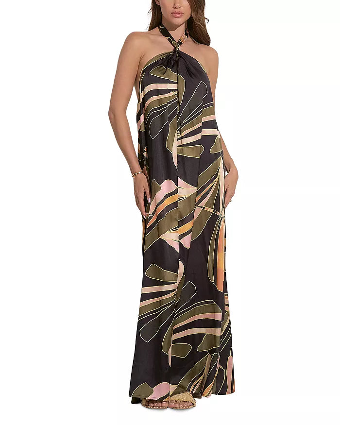 Halter maxi dress in black manila print front view
