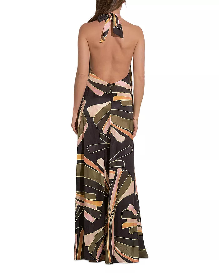 Halter maxi dress in black manila print back view