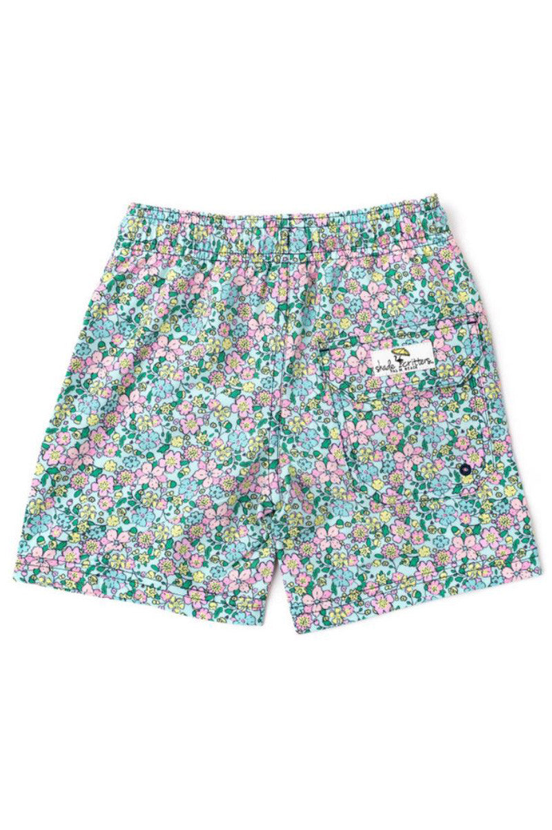 Stretch swim trunks in mint ditsy floral back  view