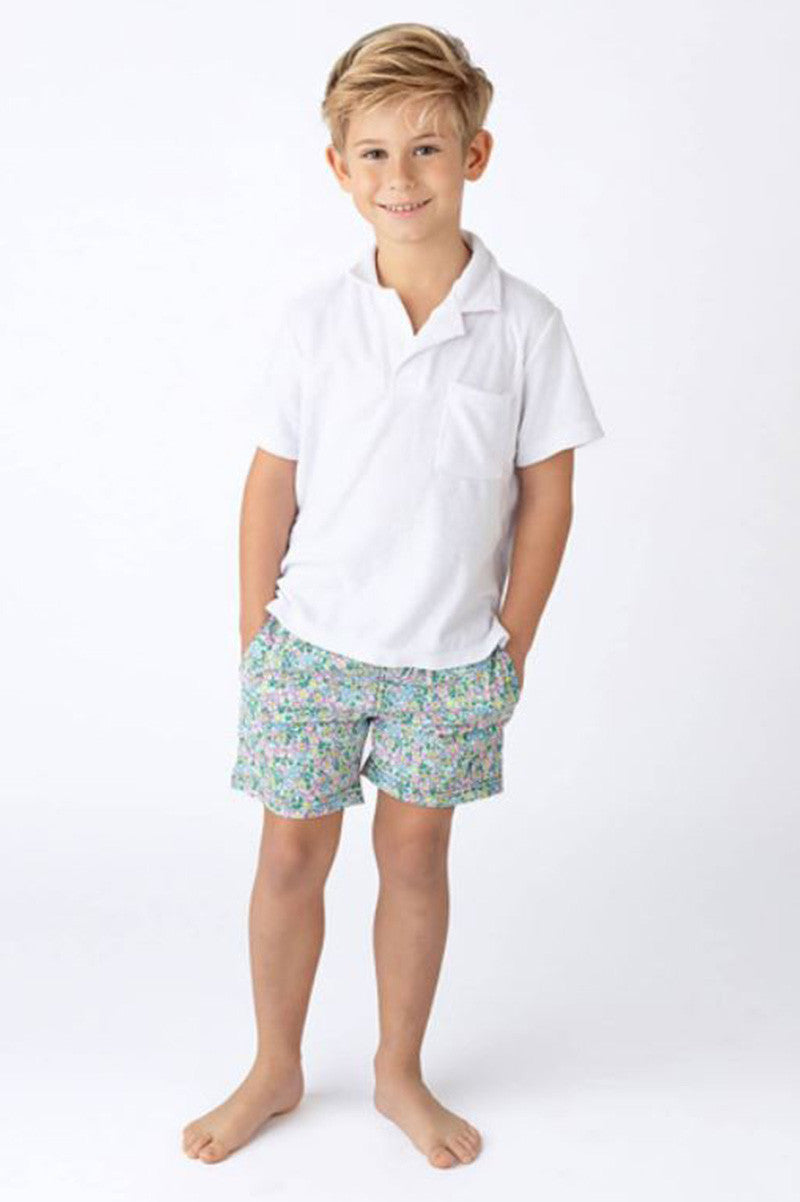 Stretch swim trunks in mint ditsy floral style view