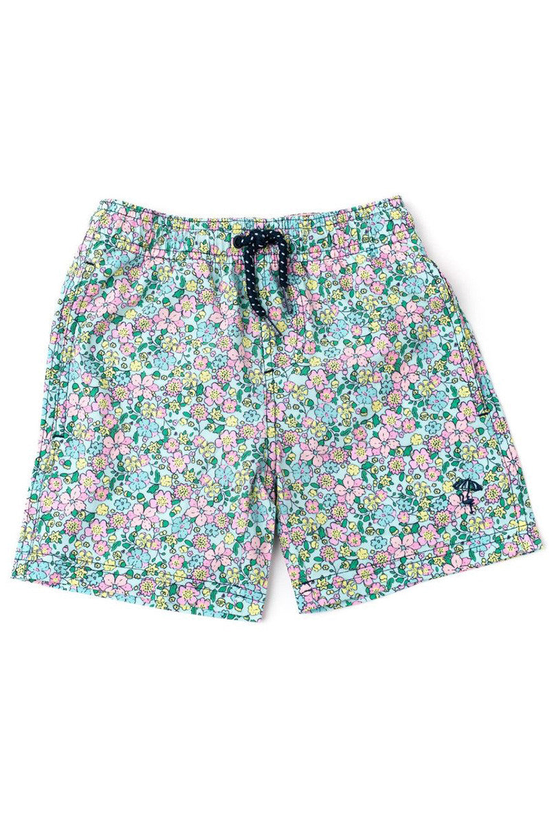 Stretch swim trunks in mint ditsy floral front view