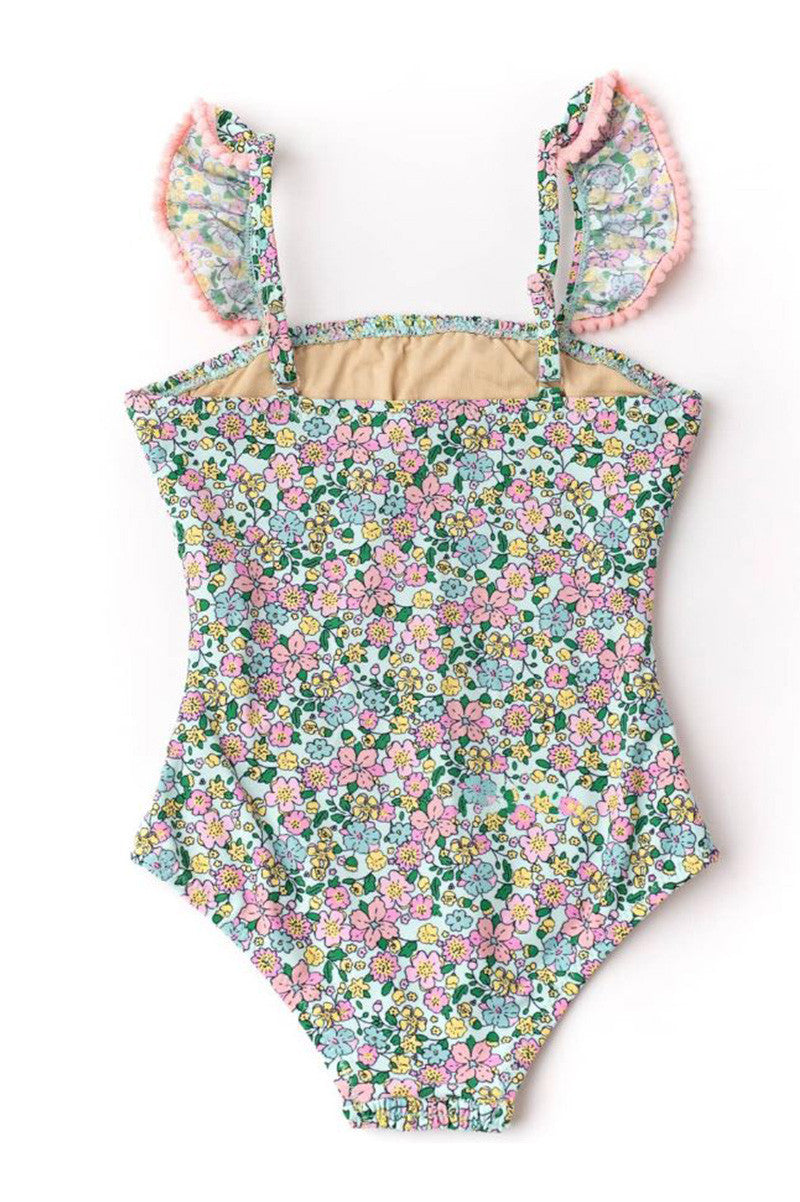 Floral smocked 1 piece swimsuit in mint ditsy floral back view