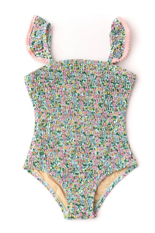 Floral smocked 1 piece swimsuit in mint ditsy floral front view