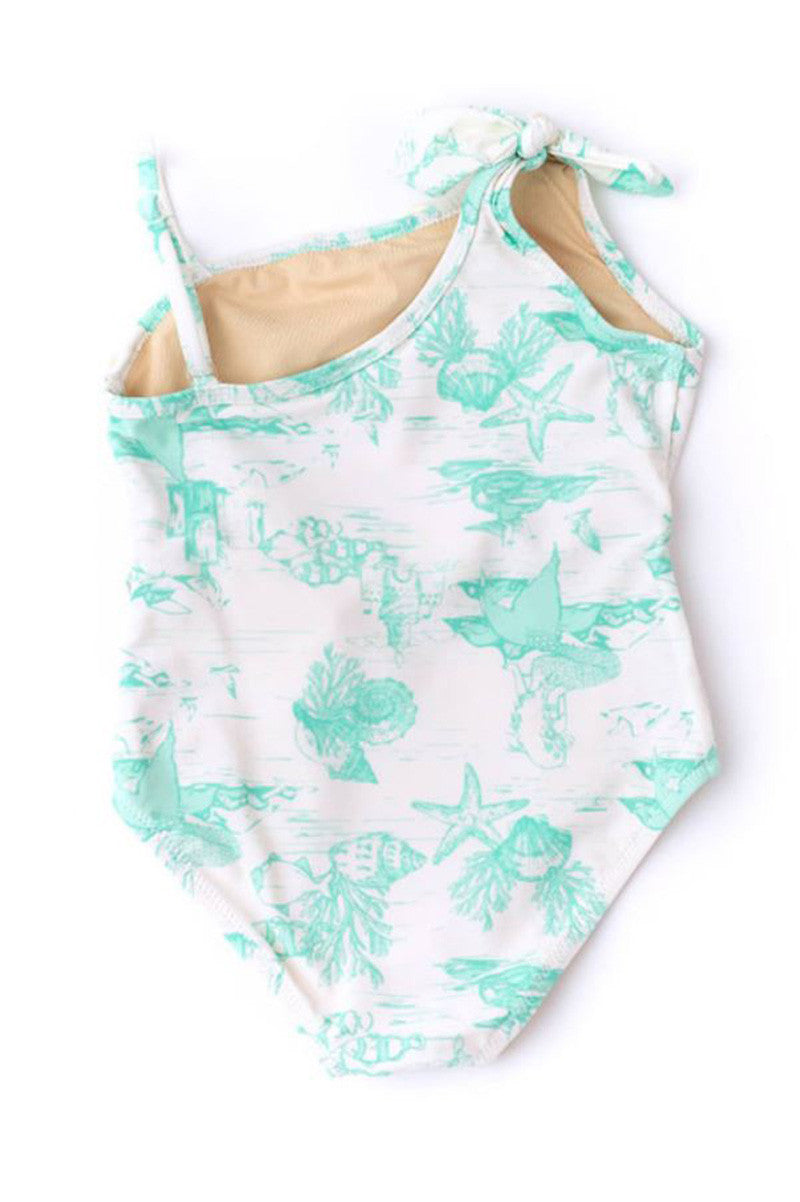 Shell one shoulder 1 piece in mermaid toile back view