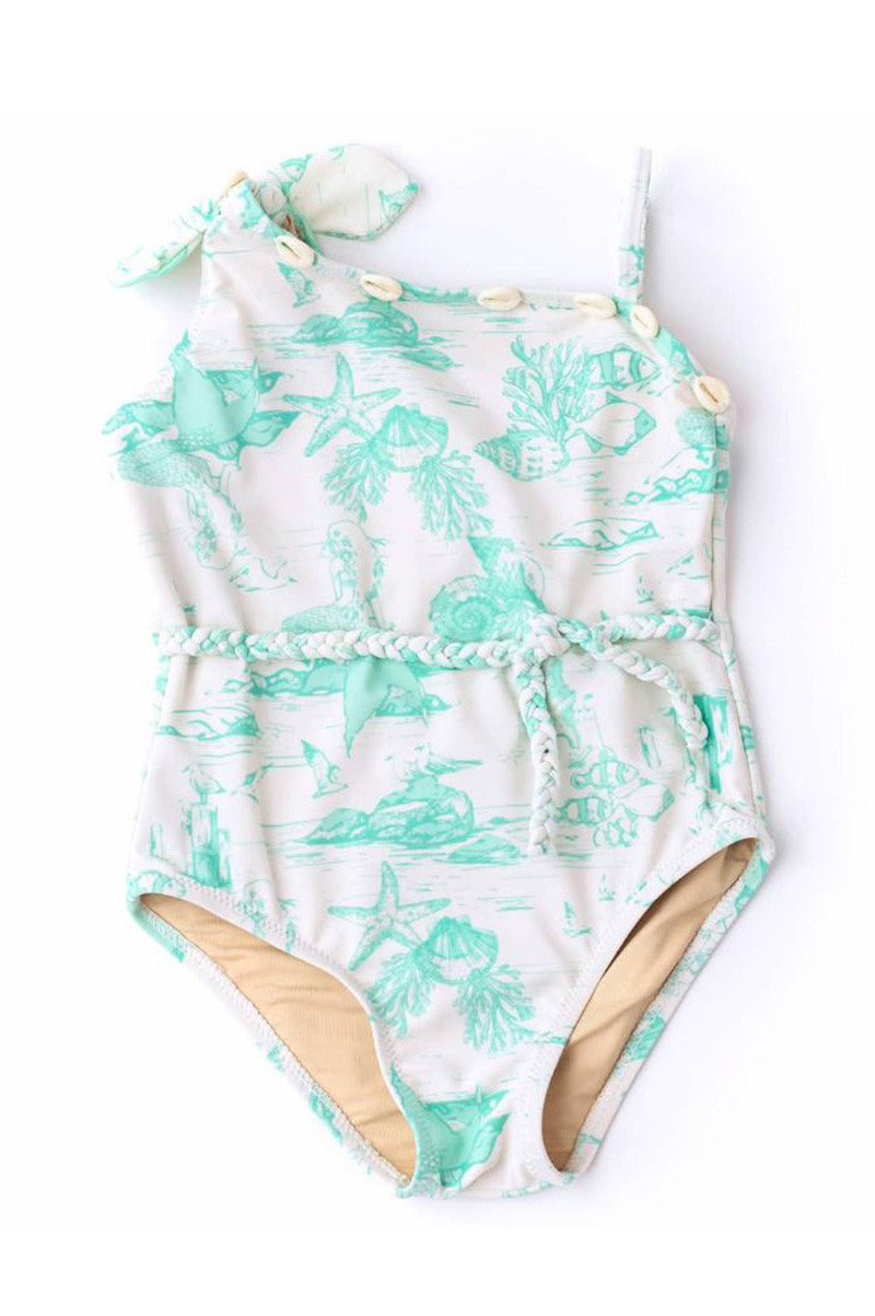 Shell one shoulder 1 piece in mermaid toile front view