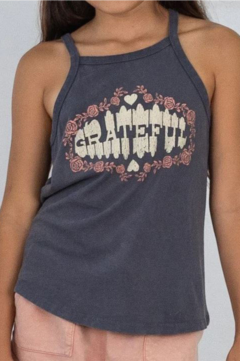 GRATEFUL RACER BACK TANK , MNERAL BLACK, CLOSE UP