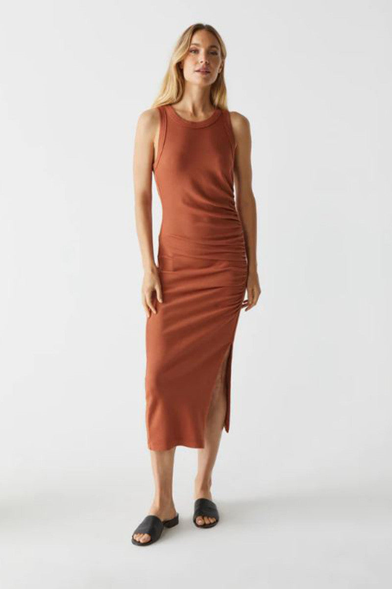 Tala sleeveless shirred seam midi dress in toffee front view