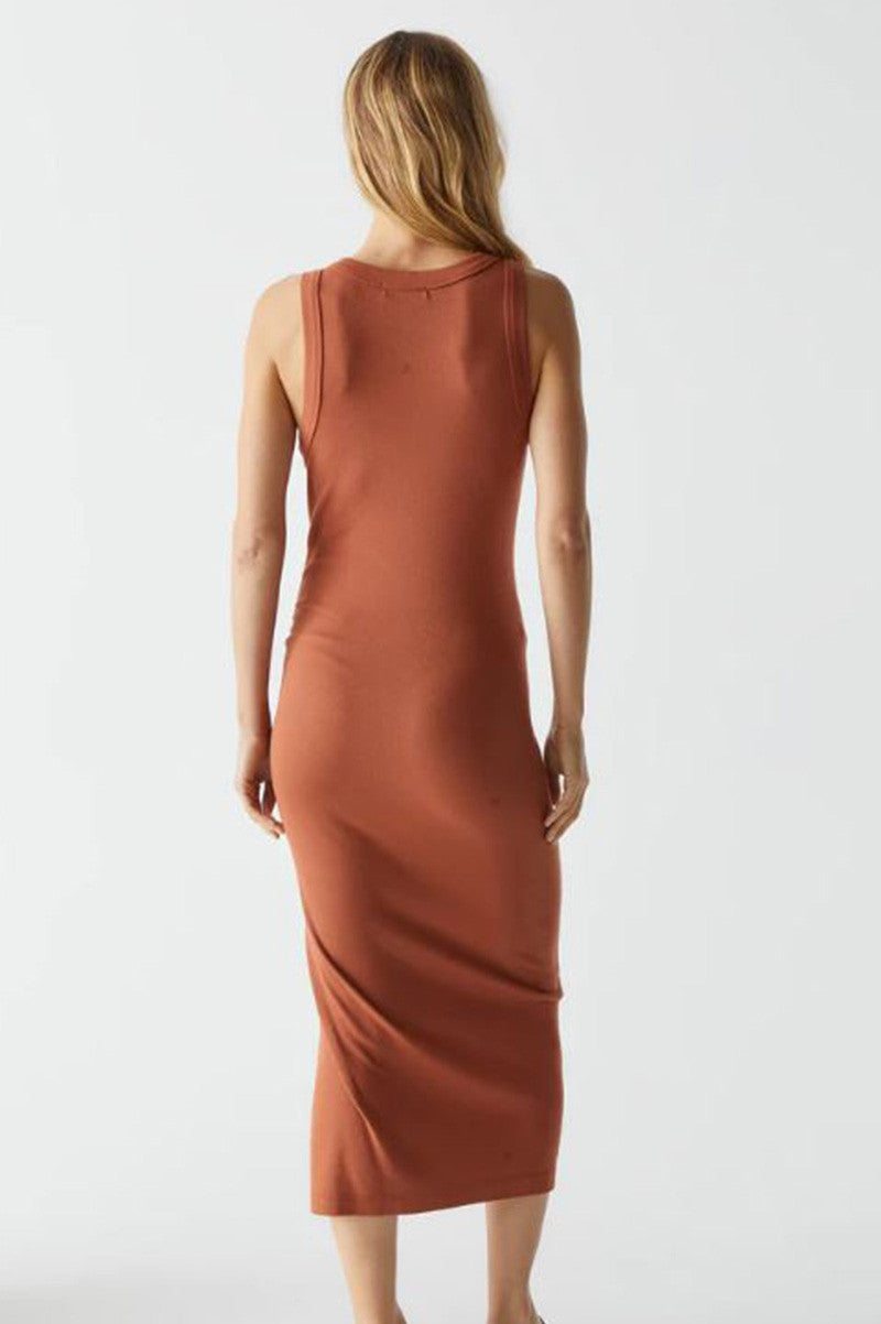 Tala sleeveless shirred seam midi dress in toffee back view