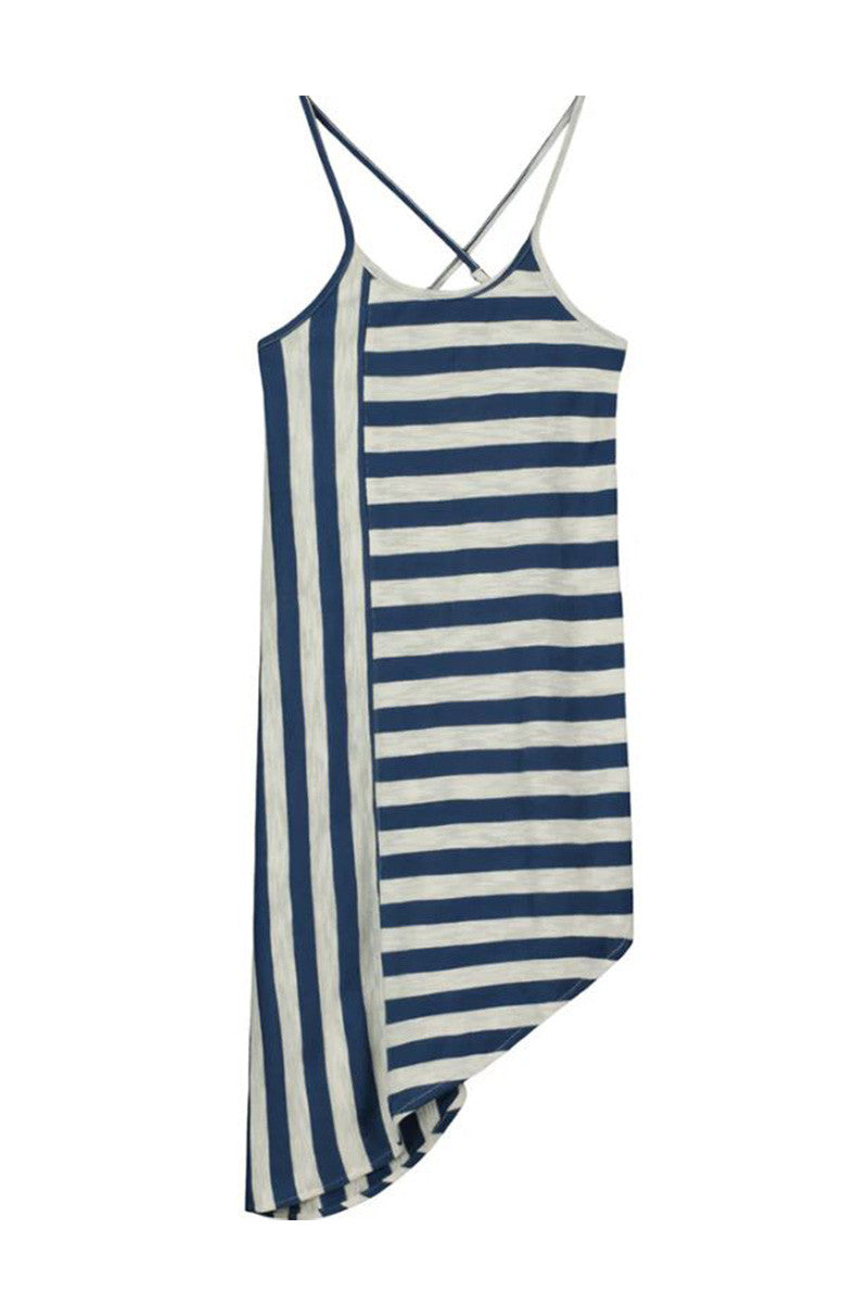 Cindy dress in navy ivory stripe front view