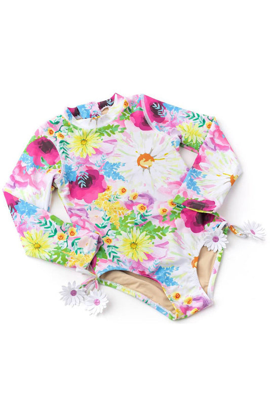 long sleeve one piece swimsuit in watercolor floral front view