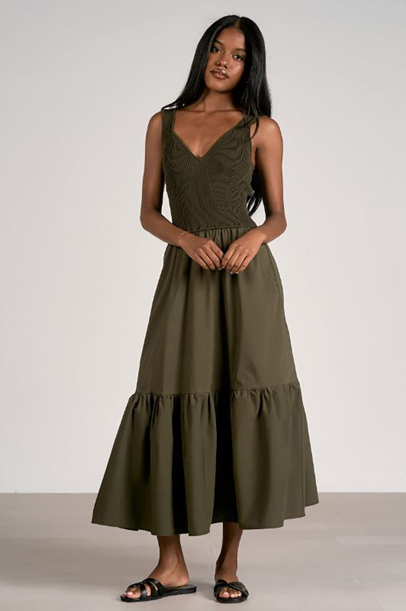 Mixed media tank maxi dress in olive front view