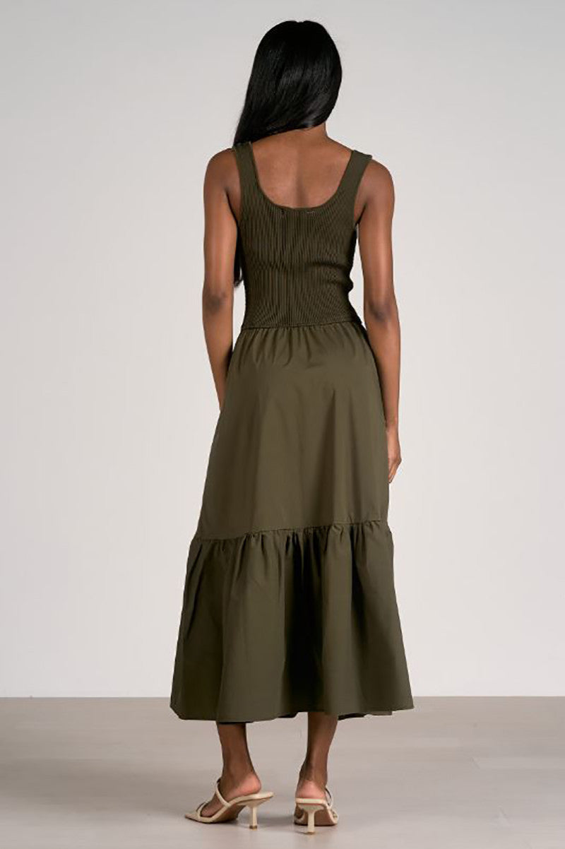 Mixed media tank maxi dress in olive back view