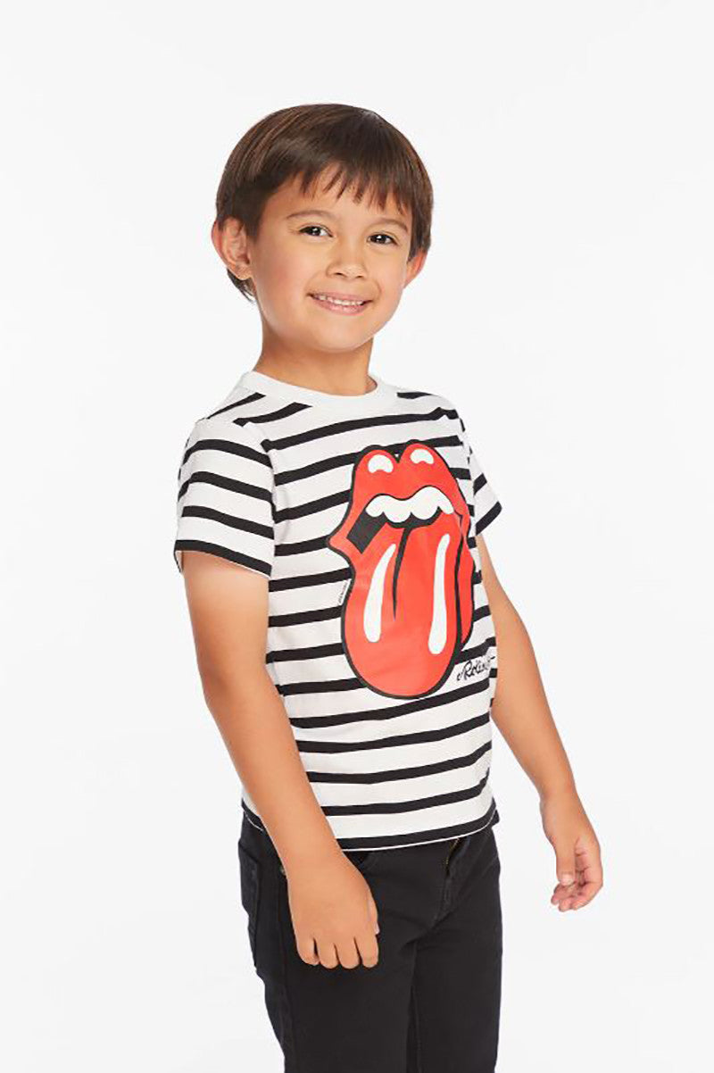Rolling stones tongue logo tee in black and white stripe front view