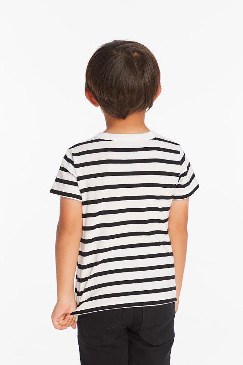 Rolling stones tongue logo tee in black and white stripe back view