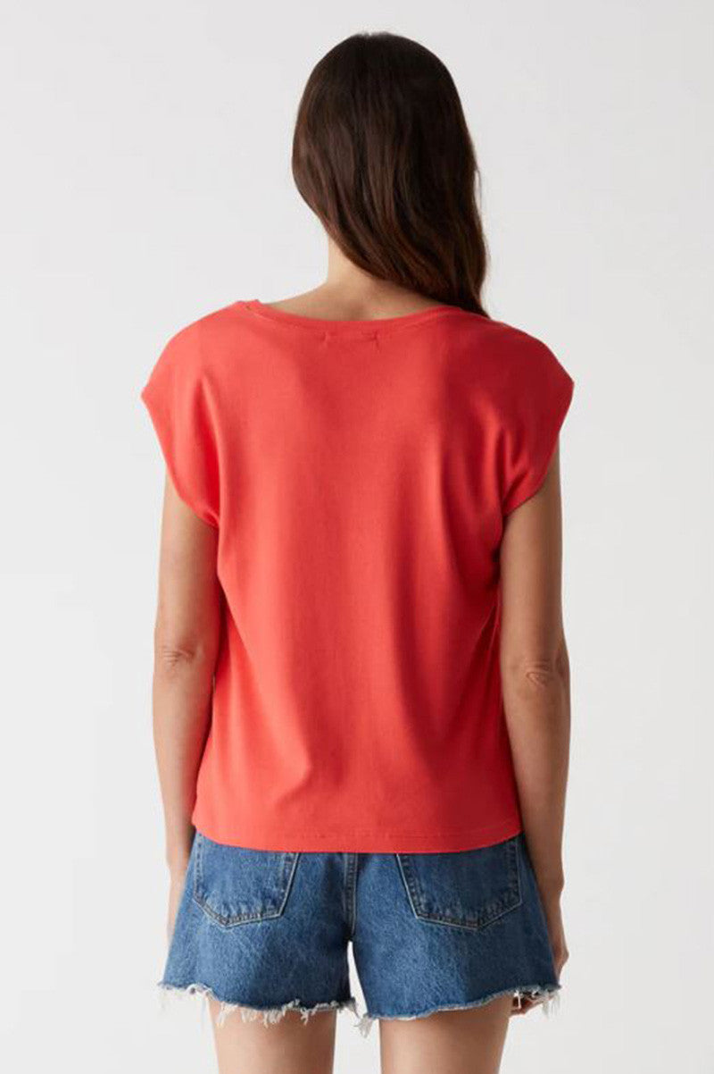 Tati vneck power shoulder top in spritz back view