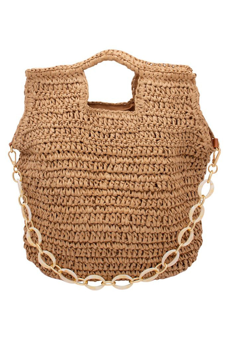 Khaki straw tote with chain-link handle