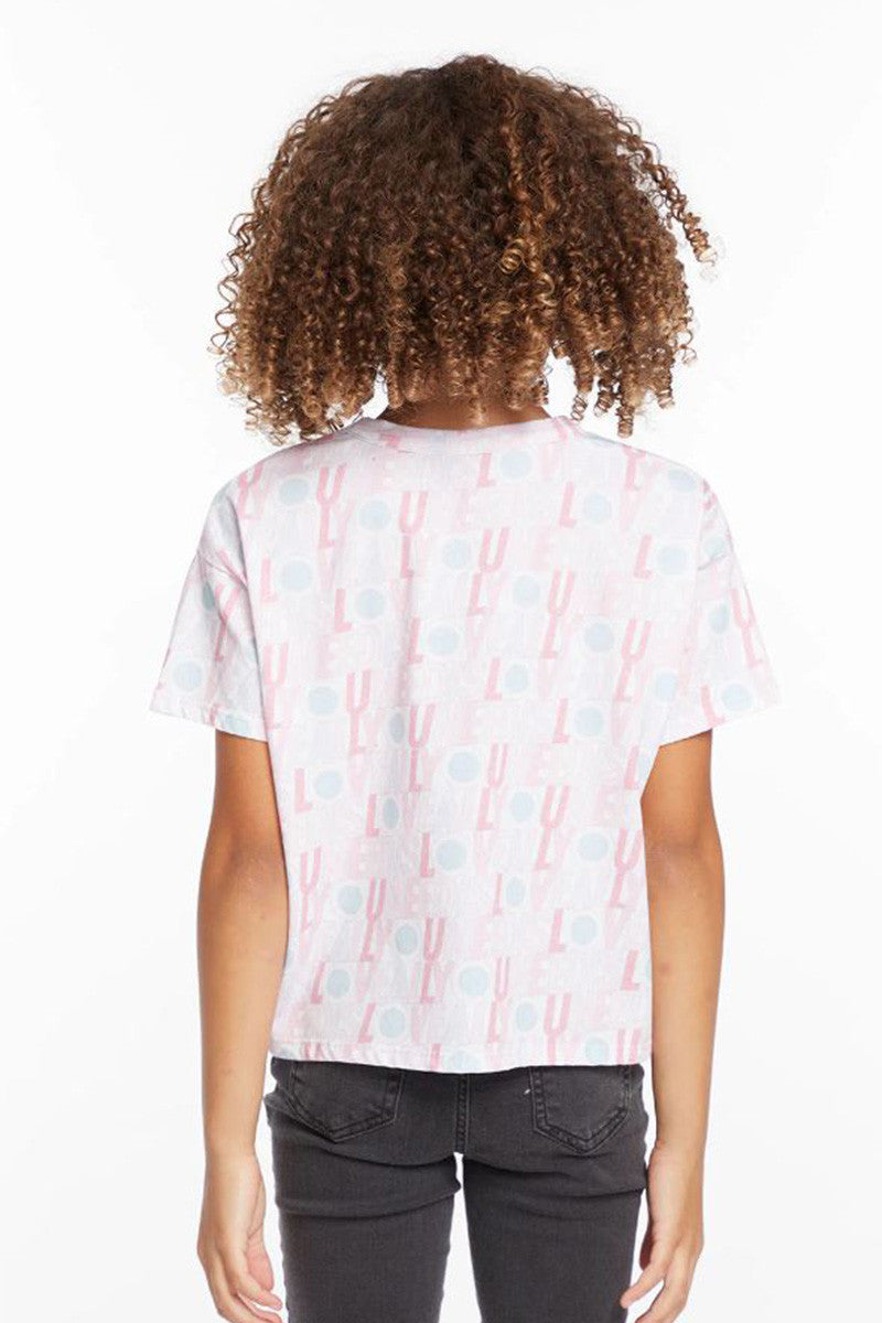 Kids white graphic Beatles T-shirt, back view with repeating icons, short sleeves