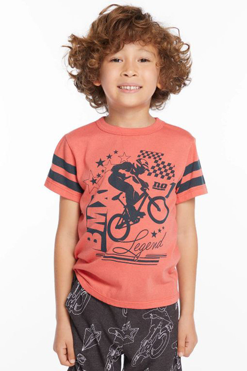 BMX legend tee in deep coral front view