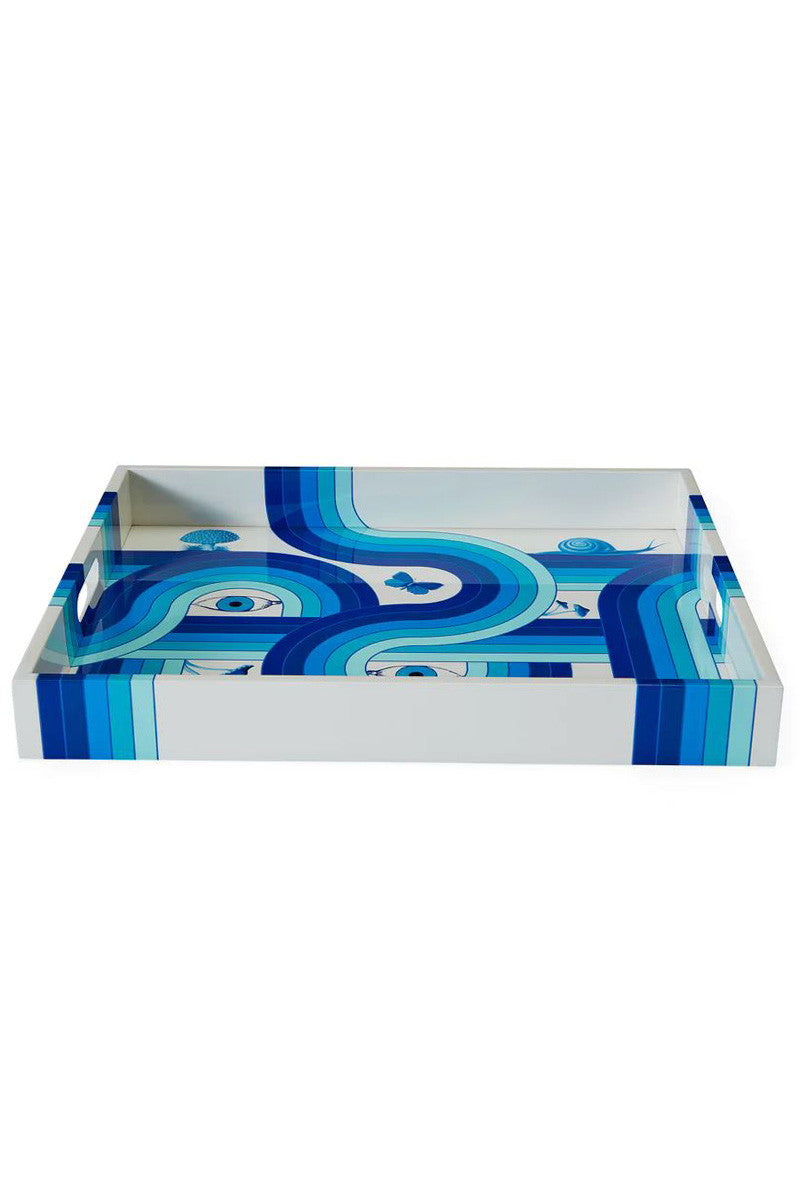 DRUGGIST LACQUER TRAY, BLUE AND WHITE