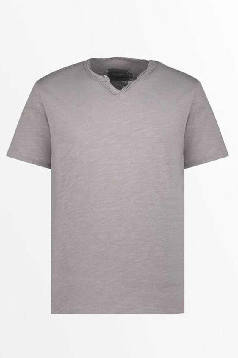 Slub jersey short-sleeve notch V-neck T-shirt in light gray