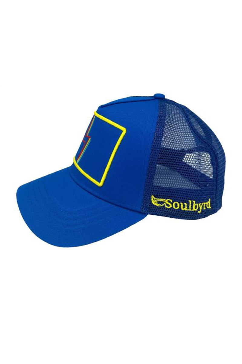 Bolt trucker hat in royal blue side view
