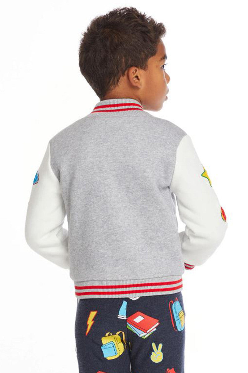 All star varsity patches jacket heather gray back view