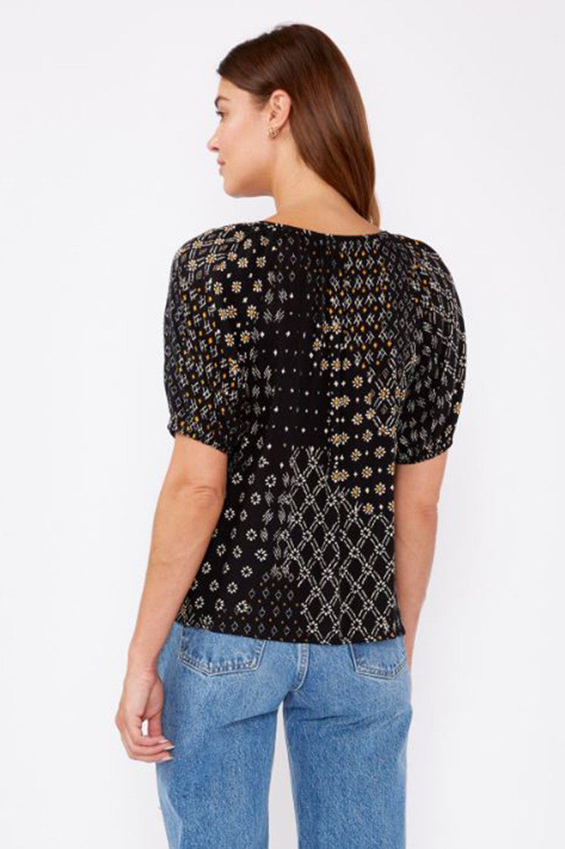 celestial garden puff sleeve top in black/gold back view