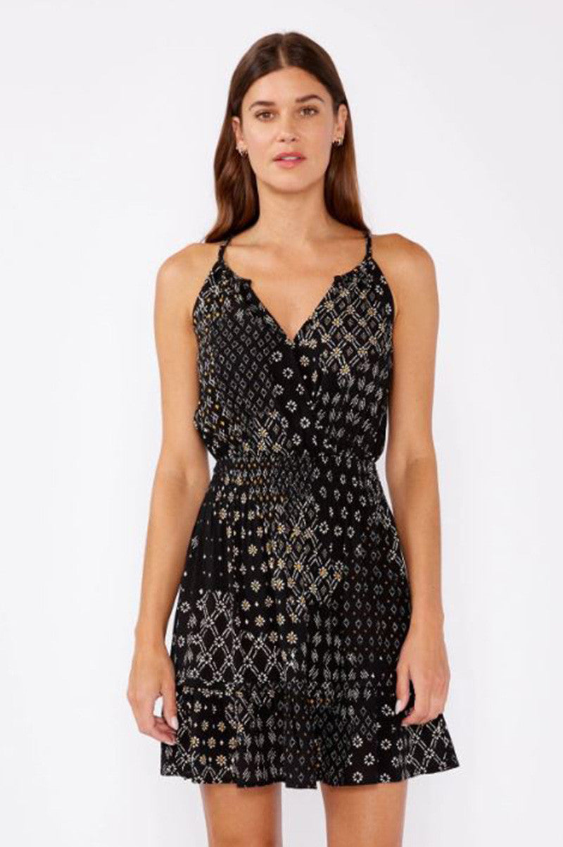 celestial garden mini dress in black/gold front view