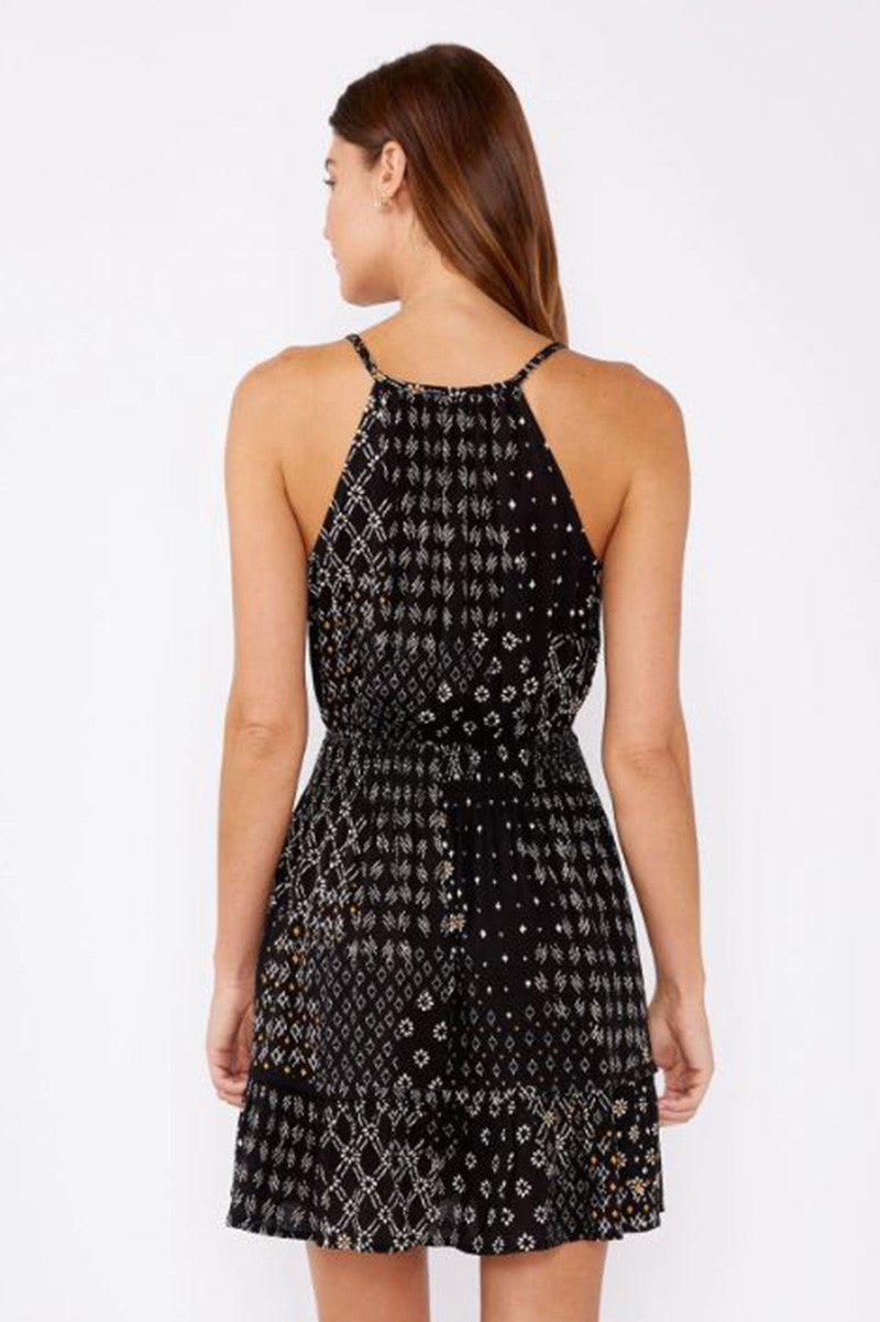 celestial garden mini dress in black/gold back view