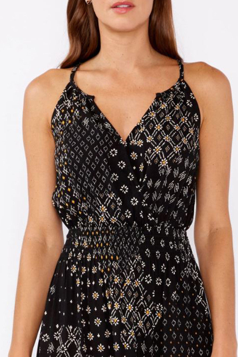 celestial garden mini dress in black/gold front detail view