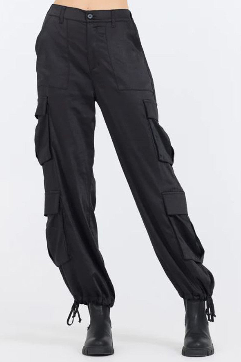heavy satin cargo pants in black front view