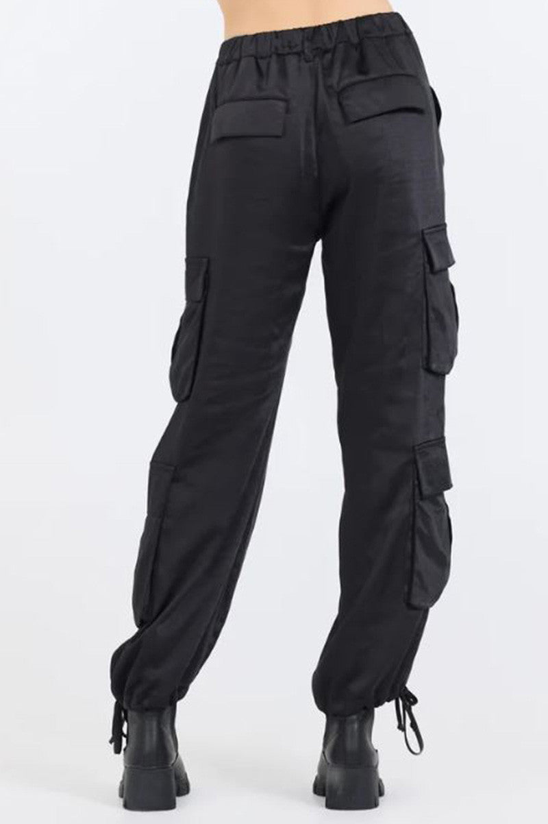 heavy satin cargo pants in black back view