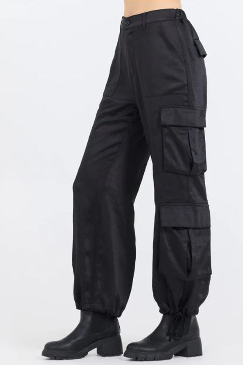 heavy satin cargo pants in black side view