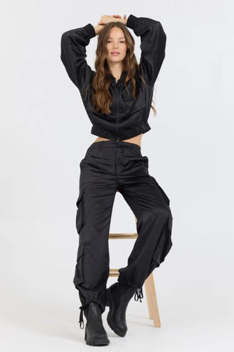heavy satin cargo pants in black style view