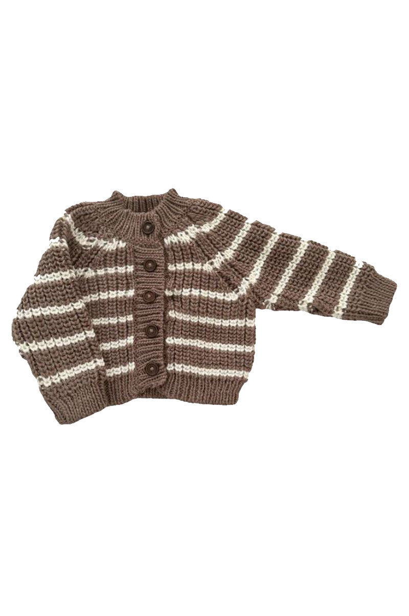rib knit stripe cardigan in tan front flat view