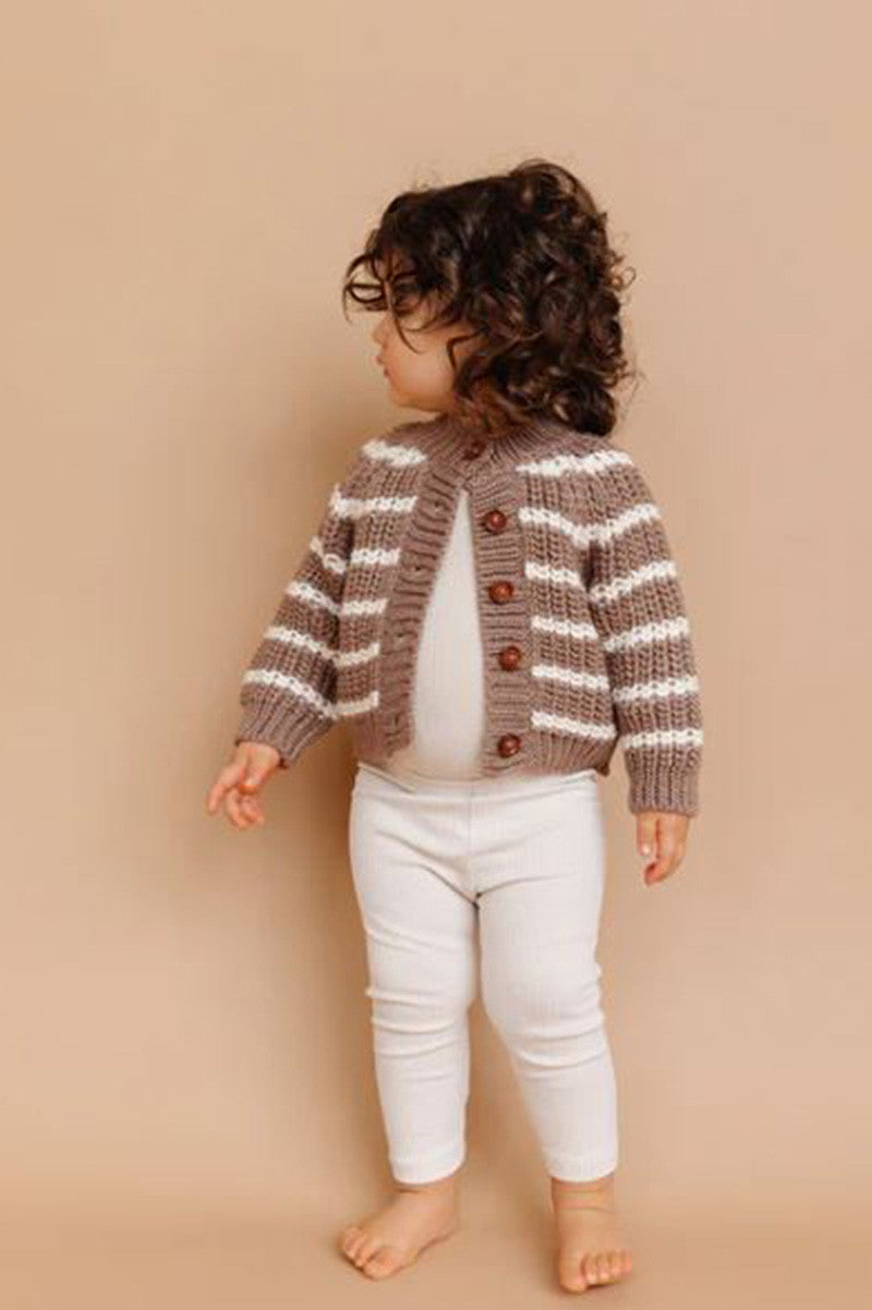 rib knit stripe cardigan in tan front style view