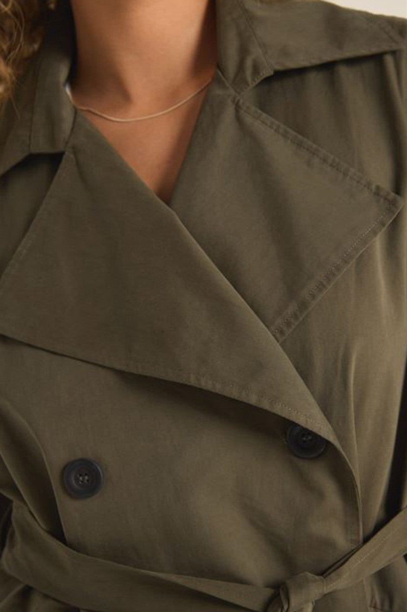 dorian trench coat in grape leaf front detail view