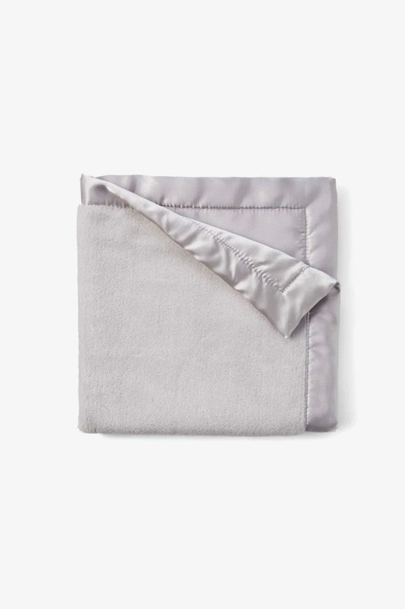 Grey fleece security blanket with satin backing and stitched edge