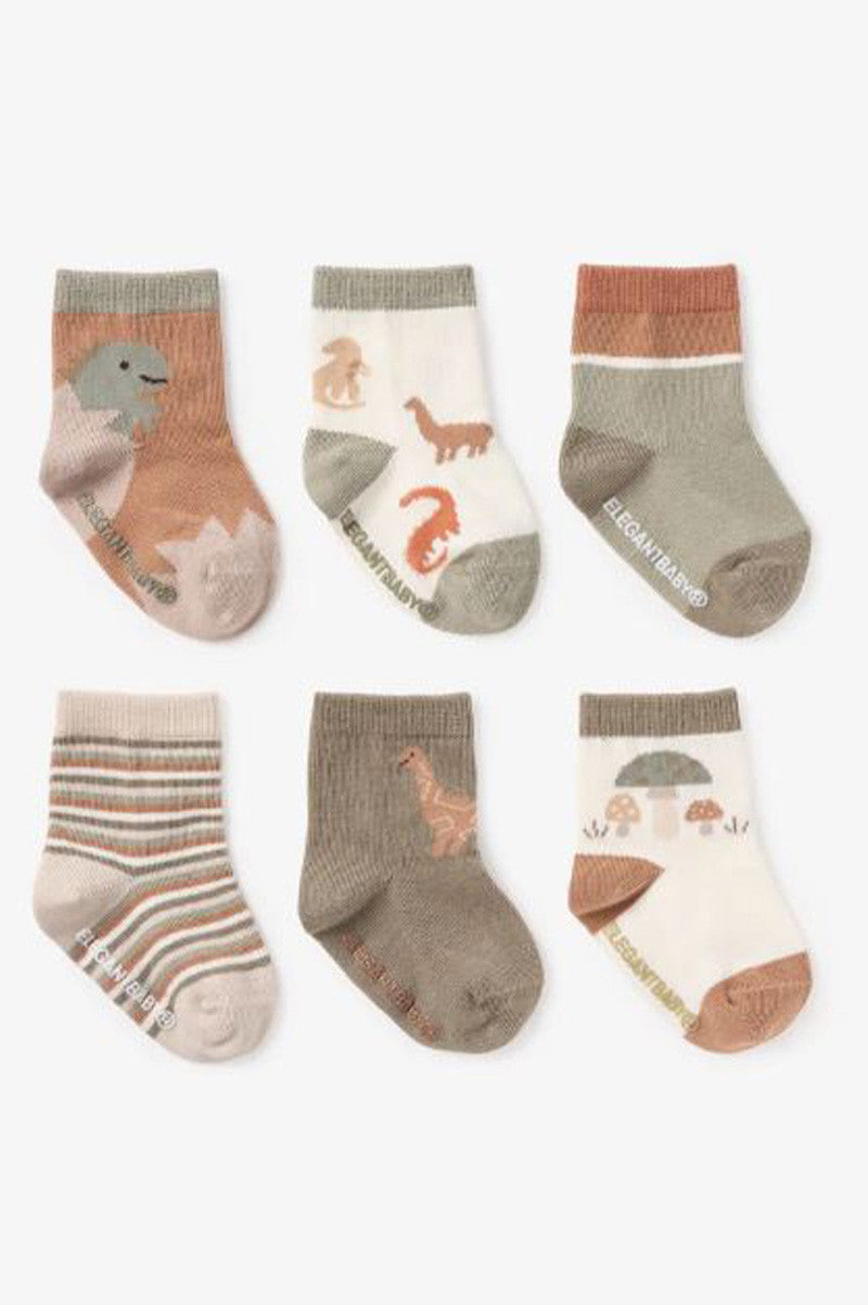 Baby non-slip socks set, beige/grey with dinosaur, stripes and vehicle prints