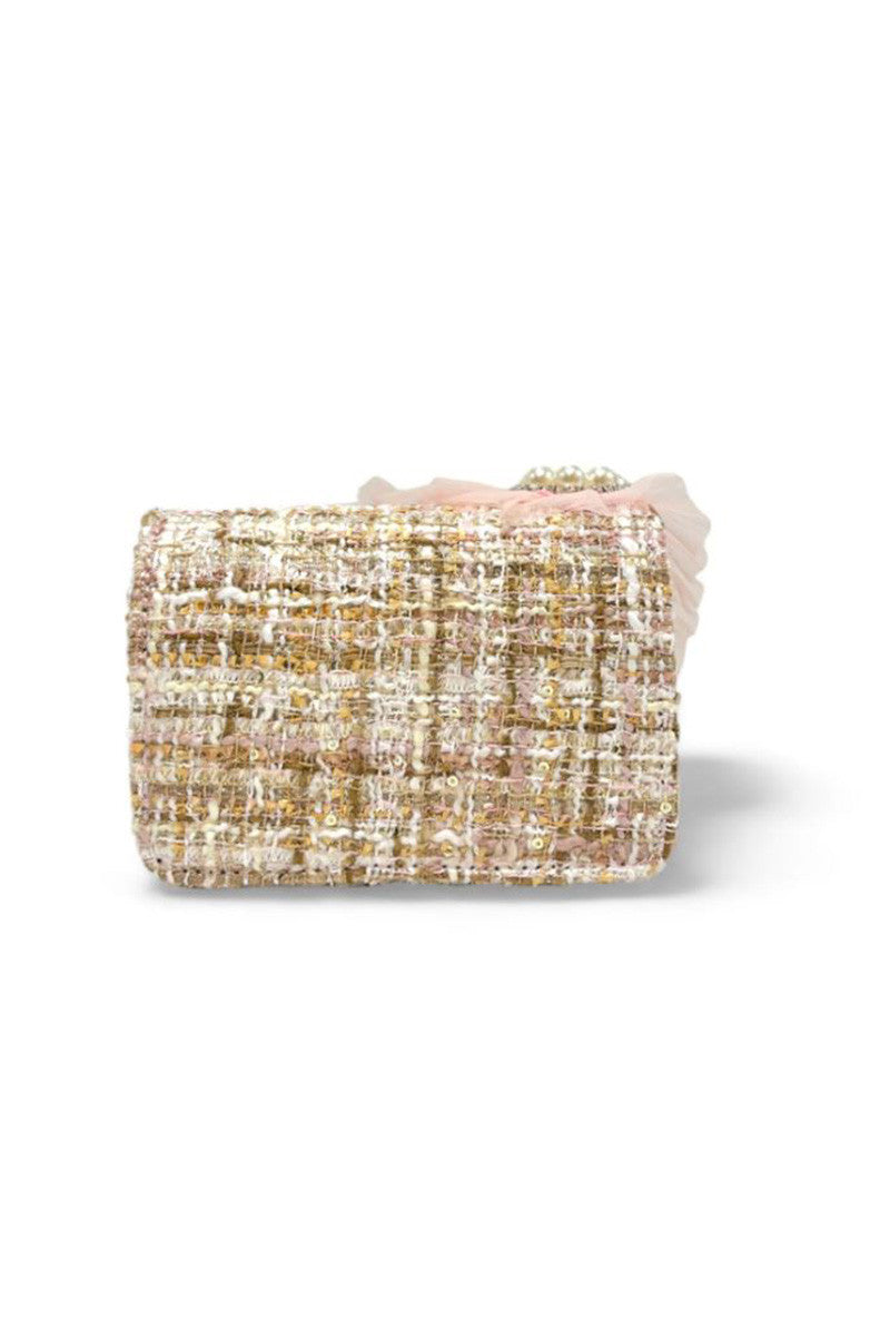 big heart tweed purse in pink/beige back view