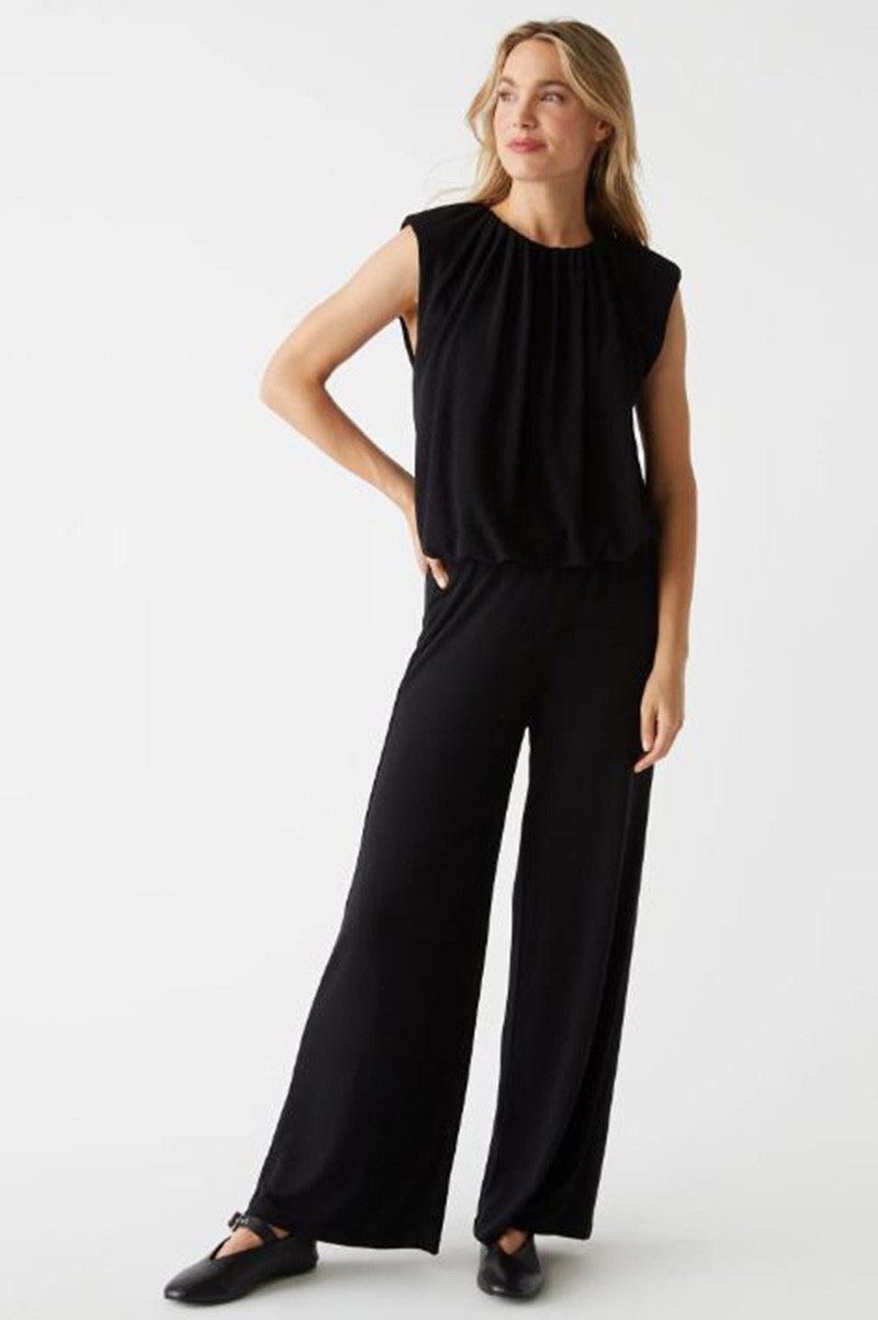 Black sleeveless bubble top with gathered round neckline and draped bodice