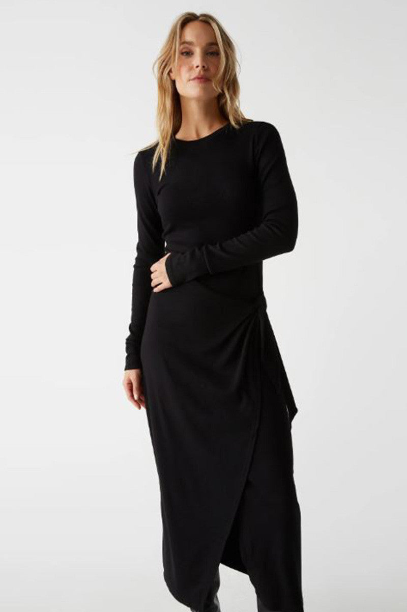 yessenia faux wrap midi dress in black front view
