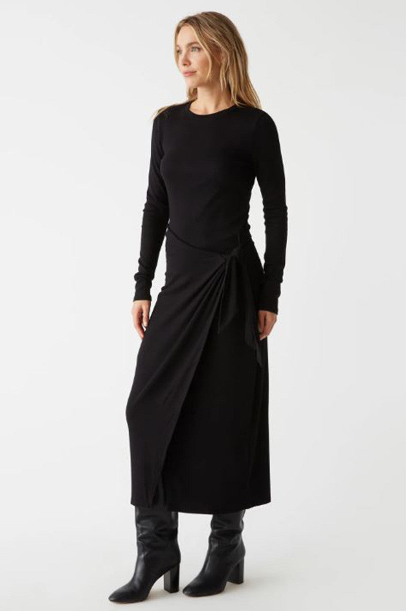 yessenia faux wrap midi dress in black side view