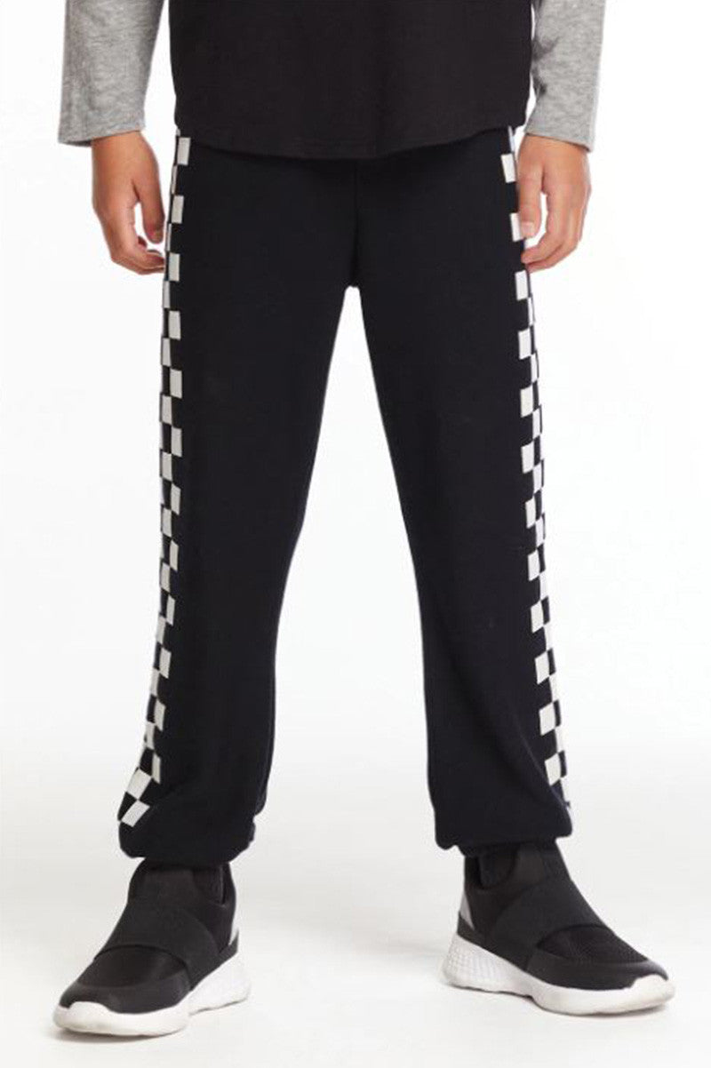 checkered pants in true black front view