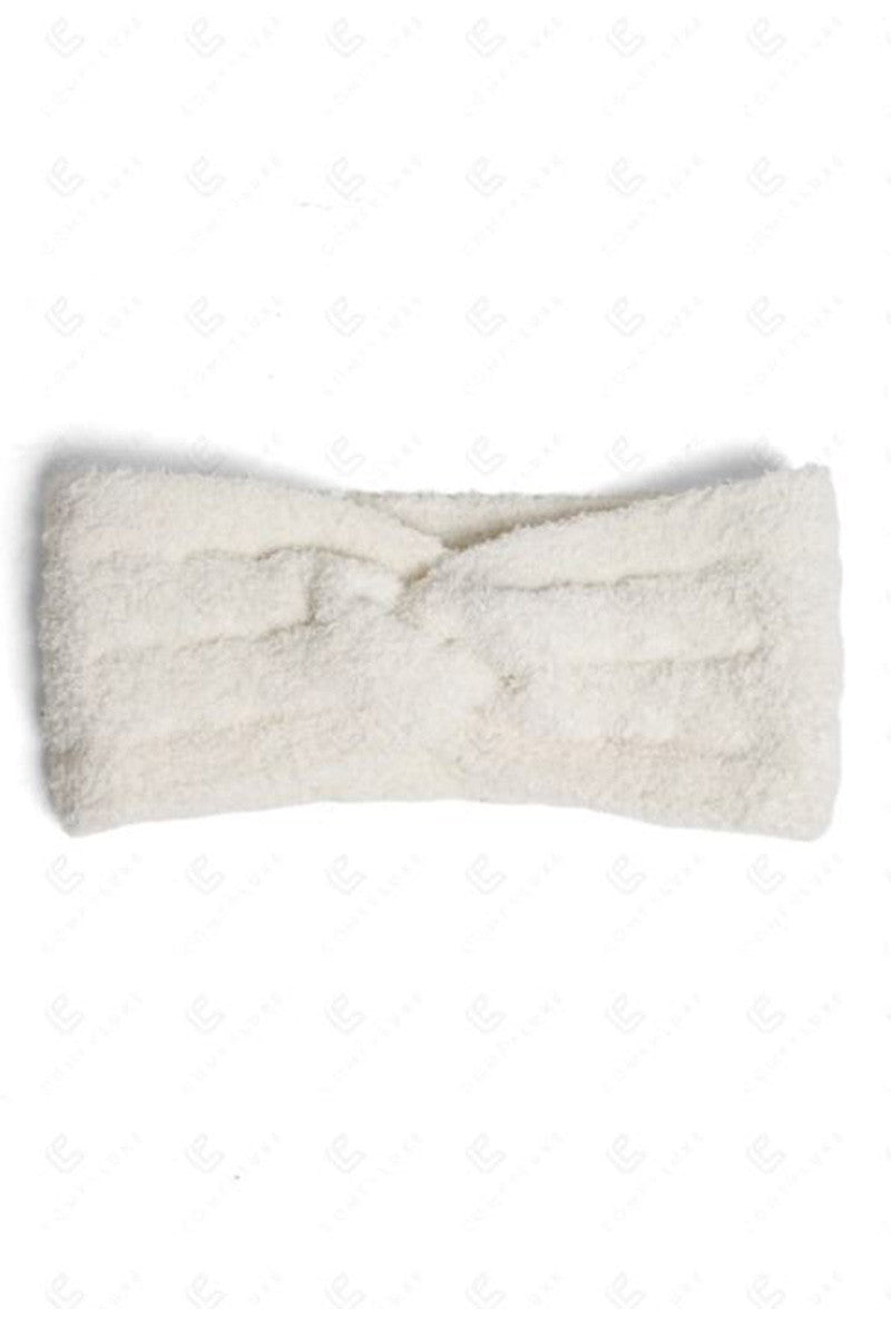 Twist knot ribbed headband in ivory, plush knit with center twist design